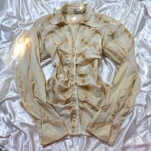 y2k MKM Designs Ruched Button Down Shirt Tan Good Metallic Striped Stretch XL